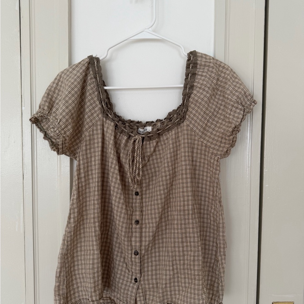 Neuflora Lightweight Brown Plaid Button-Front Blouse
